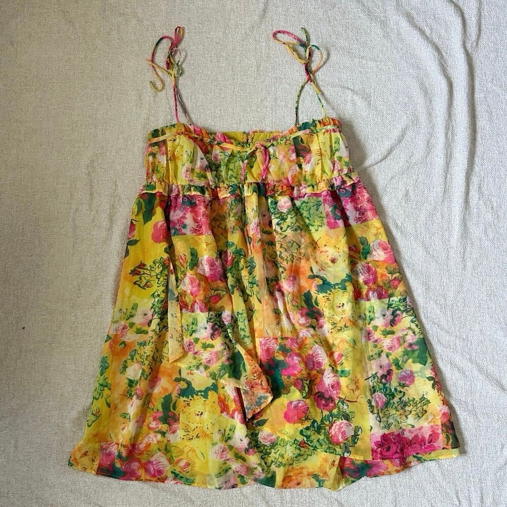 yellow floral print flowy sleeveless babydoll mini dress